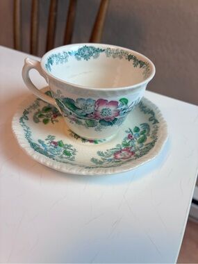 Apple Blossom Pink & Green Floral Teacup and Saucer